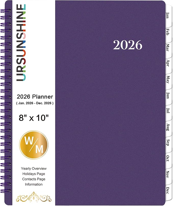 Planner 2026 - Weekly & Monthly 2026 Planner with Printed Tabs, Jan. 2026 - Dec. 2026, 8" x 10", Flexible Cover, Twin-Wire Binding, Premium Paper, Perfect Oganizer - Purple