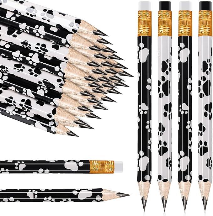 Whaline 48Pcs Dog Paw Short Pencils with Erasers White Black Paw Print Writing Pencil Cute Wood Pencils for Classroom Prize Student Rewards Baby Shower Party Supplies Stationery Gift Set