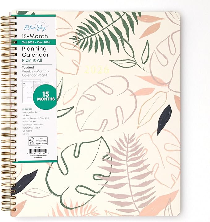 Blue Sky 15 Month 2026 Weekly and Monthly Planner Calendar, October 2025 - December 2026, 8.5" x 11", Laminated Cover, Durable Twin Wire Binding, Laminated Tabs, Storage Pocket, Includes Stickers, Coronado