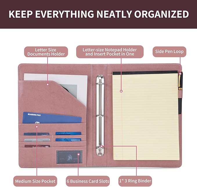 Personalized Vegan Leather 3 Ring Binder, Custom 8.5 x 11 Letter Size Folio with Pen Holder, Soft Notebook Portfolio Cover, Notepad Padfolio Organizer for Meeting, Pink