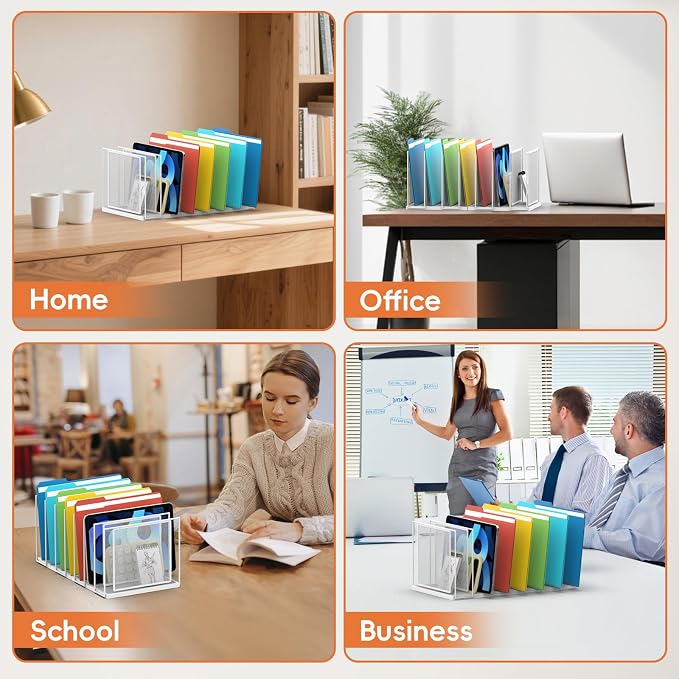Desk File Organizer, 7 Section Vertical Metal File Organizer for Desk, Desktop File Organizer Stand, Paper Folder Organizer for Office Home Classroom Storage (White, 7 Section)