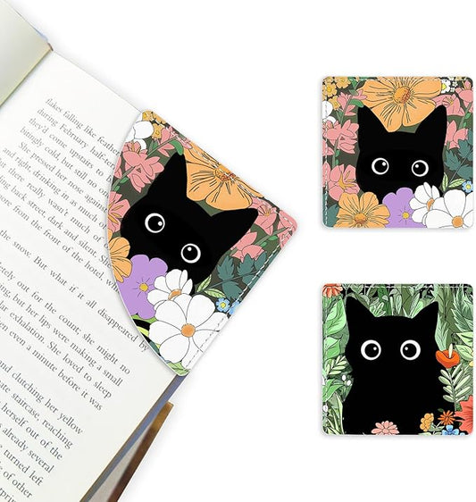 2 Pack Cat Hiding in the Flowers Leather Book Corner Bookmark, Durable Handmade Reading Accessories - Gifts for Readers, Women, Men, Teachers, Students