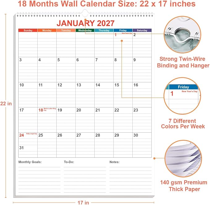 Large Calendar 2026-2027 with Spiral Bound - 18 Month Big Calendar from July 2026 to December 2027, Vertical Large Monthly Calendario 2026-2027 for Wall, 22" x 17", Colorful