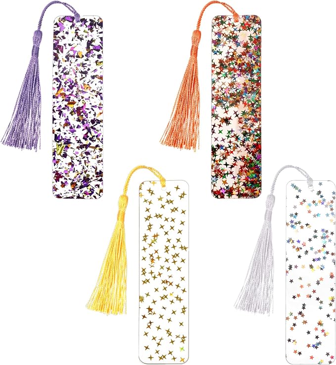 4 PCS Glitter Acrylic Bookmarks with Star, Tassel Bookmarks for Kids, Colorful Star Art Bookmark with Tassel for Girls Women Reading Presents