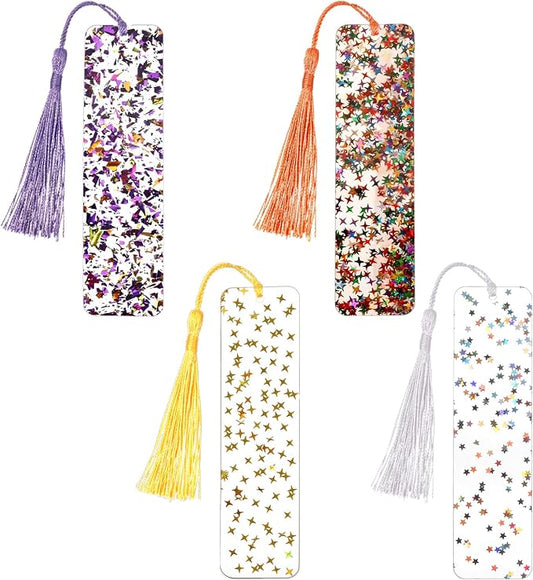 4 PCS Glitter Acrylic Bookmarks with Star, Tassel Bookmarks for Kids, Colorful Star Art Bookmark with Tassel for Girls Women Reading Presents