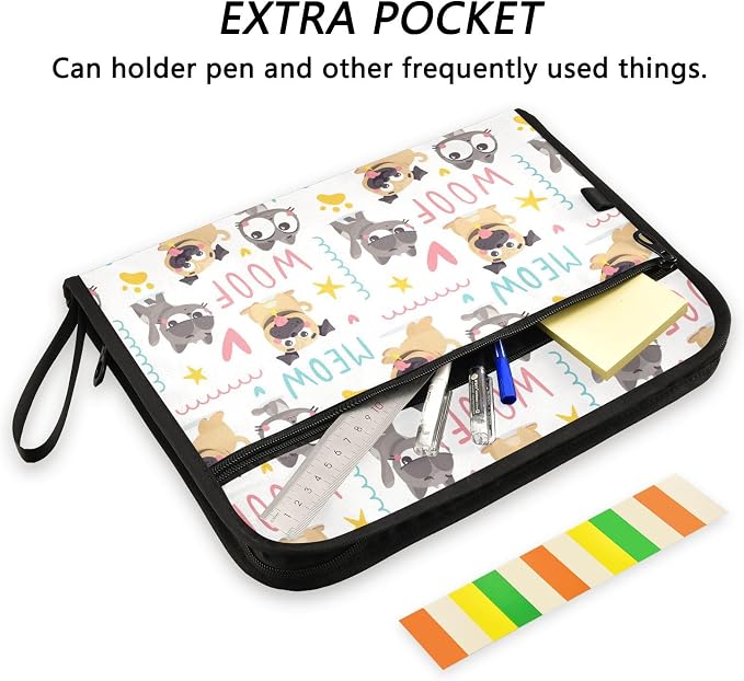Cute Pug Dogs Cats File Folders,Plastic Folders with 13 Pockets,Expandable File Folder for Documents School Students Office,Aesthetic Folder with Labels A4 Letter Size