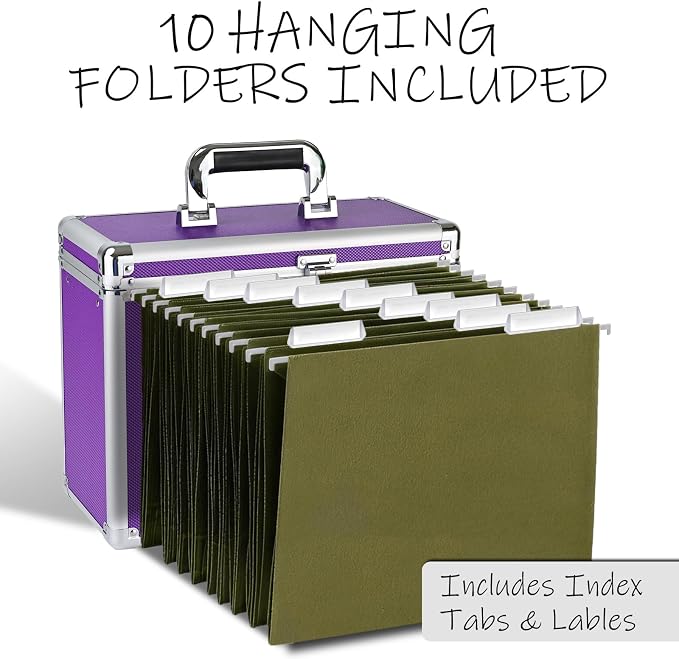 File Storage Cabinet for Letter Size Hanging File Folders, Suspension File Holder, Document Organizer Filing Lockbox in Office and Home with Combination Lock and 10-pack Hanging Files (Purple, Letter)