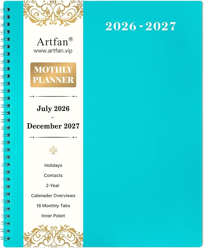 2026-2027 Monthly Planner - JUL 2026 - DEC 2027 Planner/Calendar 2026-2027, 18 Monthly Planners with Tabs & Pocket & Label, Contacts and Passwords, 9" x 11", Thick Paper, Twin-Wire Binding - Blue