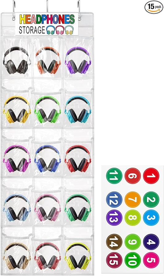 Headphone Storage Classroom Headphone Organizer 15 Pockets PVC Clear Organizer Holder for School Cell Phones Calculators, With Headphone Storage Stickers & Digital Stickers