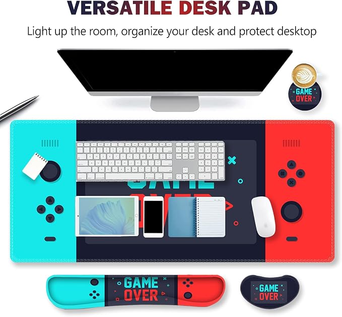 ARTSO Large Gaming Mouse Pad, Keyboard Wrist Rest Pad & Wrist Support Mousepad Set, Stitched Edge, Extended, Non-Slip Base, Memory Foam Desk Mat, Green Red Game Console