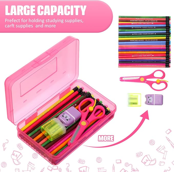 Leelosp 12 Pack Clear Pencil Boxes for School Bulk, Large Plastic Pencil Case with Lid, Stackable Hard Crayon Storage Box for Classroom Kids, Desk Drawer Organizer for Office Home(Pink)