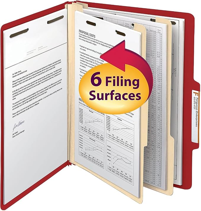 Smead Classification Folder with Prongs, 2 Dividers, 2" Fasteners, Letter Size, for Documents Organization, Durable File Organizer for Home, School or Office, Red (14003)