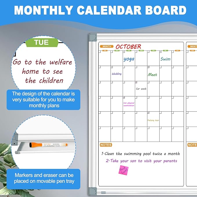 3 Month Wall Calendar Whiteboard, Quarterly Whiteboard Calendar for Wall, 48x28 Inch Magnetic Dry Erase Board, Wall Hanging Aluminum Frame with Tray for Home, School, Office