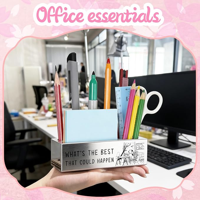 WINOESHE Stainless Steel Pencil Holder with What's The Best That Could Happen & Optimistic Dog Design, Positive Office Gift for Team Member, Uplifting Desk Organizer for Work Friend HUE25