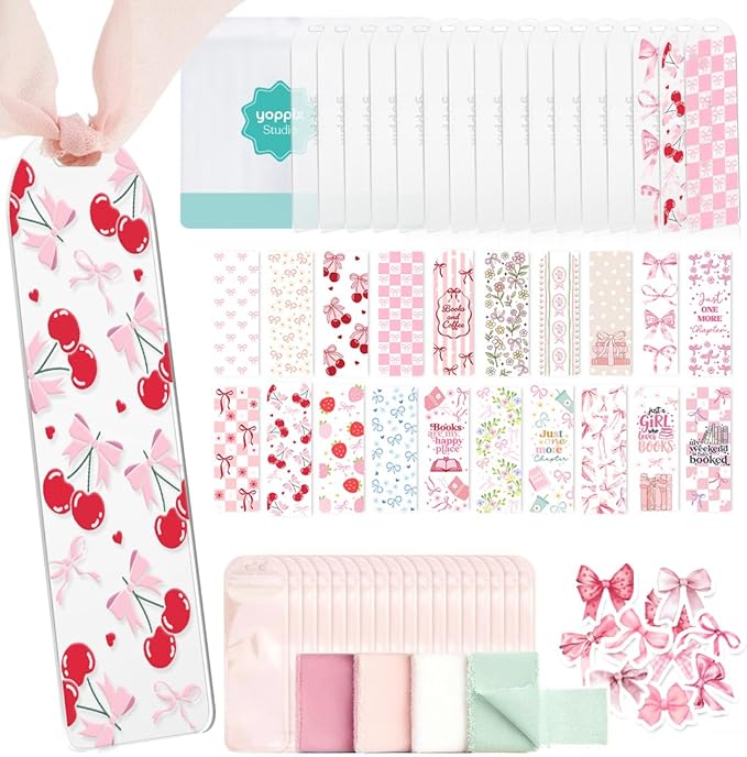 YOPPIX 6x2” Acrylic Bookmark Blanks- 20 Set Bookmark Making Kit with 20 UV DTF Stickers About Bow Theme 20 Ribbon 80 Bookish Stickers for DIY Your Crafts Gift for Book Lover
