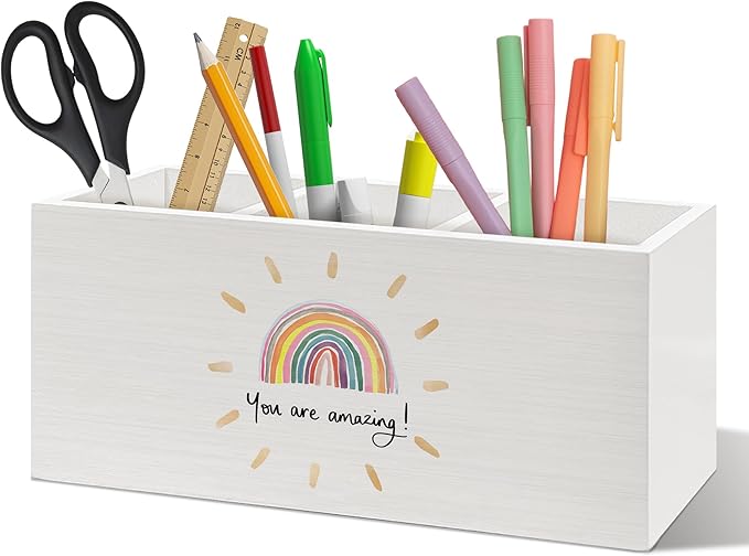 Inspirational Boho Rainbow Pen Holder Organizer Desk Decor, Boho Classroom Decor, Motivational You Are Amazing Wooden Pen Pencil Holders for Kids Room Playroom Desk Accessories
