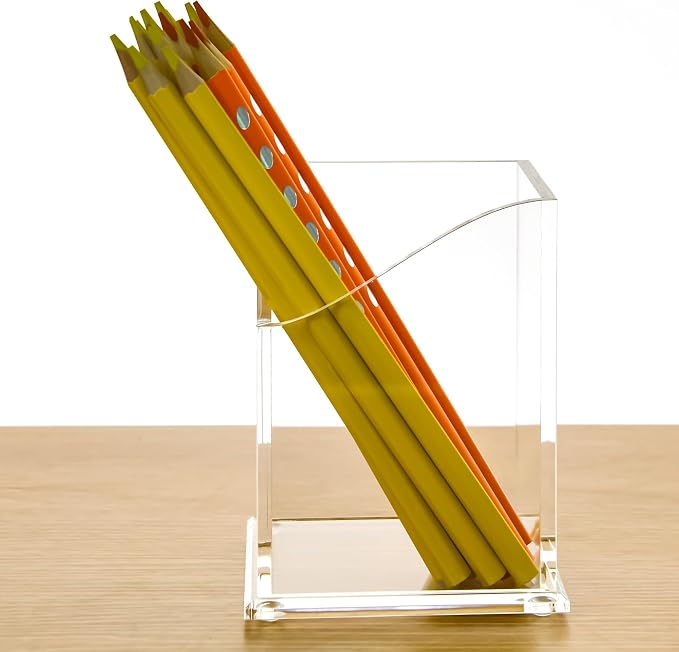 Clear Acrylic Pencil Pen Holder Cup, Desk Accessories Holder,Makeup Brush Storage Organizer, Modern Design Desktop Stationery Organizer for Office School Home Supplies, 3.1x 3.1x 4.3 inch