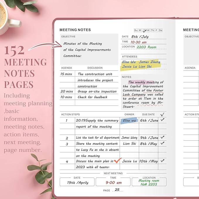 JUBTIC Meeting Notebook for Work with Sticky Tabs - Office & Business Project Planner for Notes Taking, Meeting Agenda/Minutes Organizer for Women Men, 160 Pages (7”x10”) - Rose Gold
