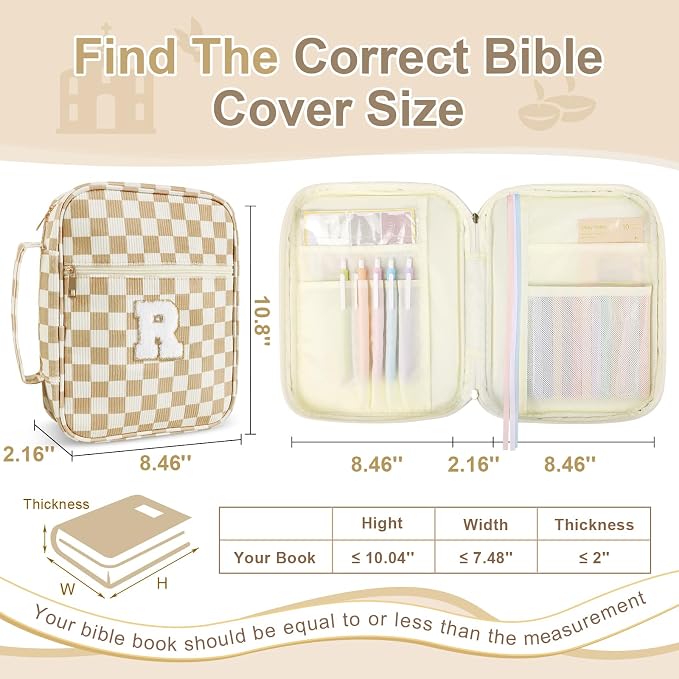 Personalized Initial Bible Cover Case for Women Girls Kid - Large Quilted Bible Case with Handle,Chenille Letter Bag Study Supplies,Christmas Gifts for Christians Birthday Graduation(Khaki-R)