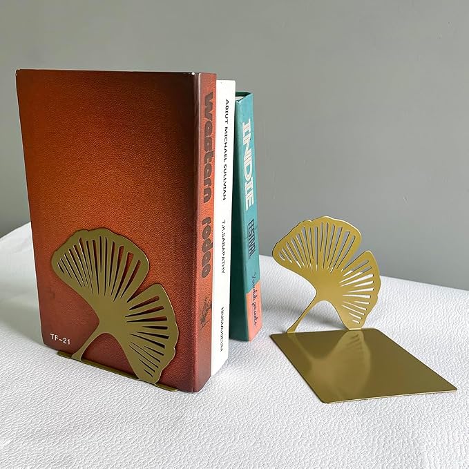 Ginkgo Leaf Metal Bookend, Botanical Leaf Veins Heavy Duty Book Stand, Home and Office Bookshelf Decorative End of The Book (Big Ginkgo Leaf)