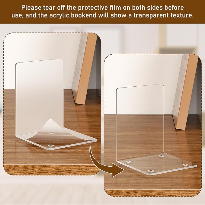 VFINE Acrylic Bookends 6 Pieces, Clear Book Ends for Shelves, Book Holders for Shelves, Transparent Book Dividers for Shelves, Stylish Book Stopper Organizer for Home Office Desktop Supplies
