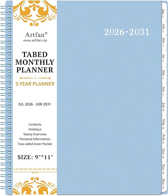 2026-2031 Monthly Planner/Calendar - 5 Year Planner, Jul. 2026 - Jun. 2031, 9" x 11", 5 Year Calendar Double-Side Pocket + Durable Polypropylene Cover - Light Blue