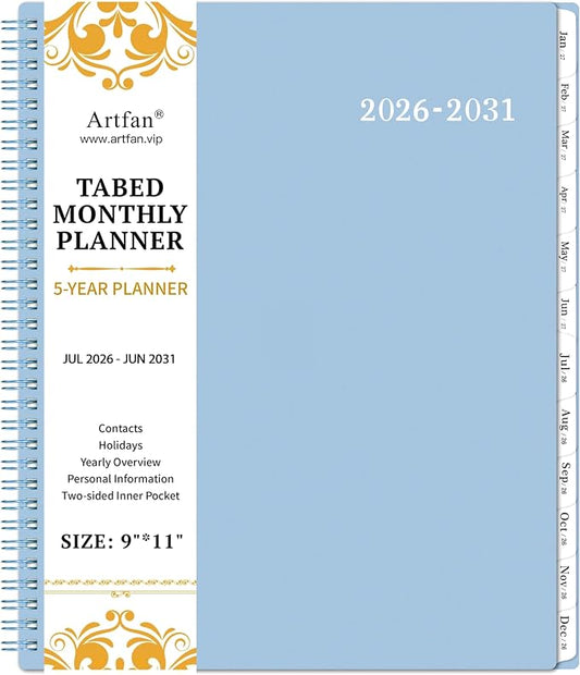 2026-2031 Monthly Planner/Calendar - 5 Year Planner, Jul. 2026 - Jun. 2031, 9" x 11", 5 Year Calendar Double-Side Pocket + Durable Polypropylene Cover - Light Blue