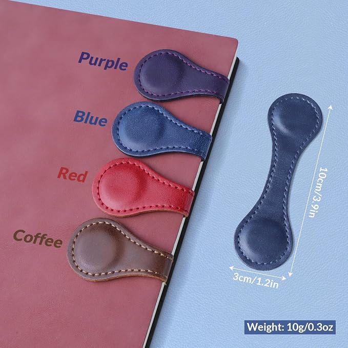 JIXZEN Magnetic Leather Bookmark for Reading Women, 4 PCS Timeless Leather Magnetic Book Marks for Women Book Lovers, Reading Men, Kids, Teachers with Elegant Gift Box (Coffee, Red, Blue, Purple)