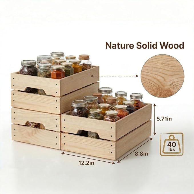 WOPITUES Wooden Crate,Wood Crates for Storage,Stackable Pantry Bins and Pantry Organizers with Handles,Pantry Baskets,Wooden Box for Pantry,Kitchen,Garden,Garage,Display, Nature Wood