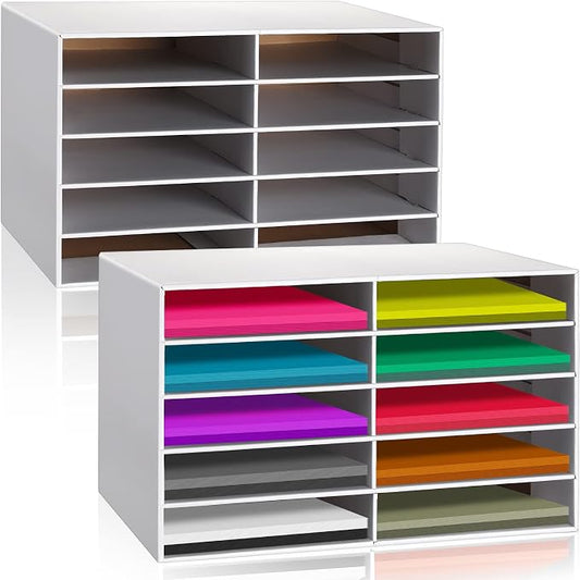 Fuutreo 2 Pcs Construction Paper Storage, Classroom Mailboxe, Back to School Literature Sorter, Sturdy Cardboard Paper Organizer for Teacher, Student, Office, 29.5" x 14.2" x 12.4"(10 Slots,White)