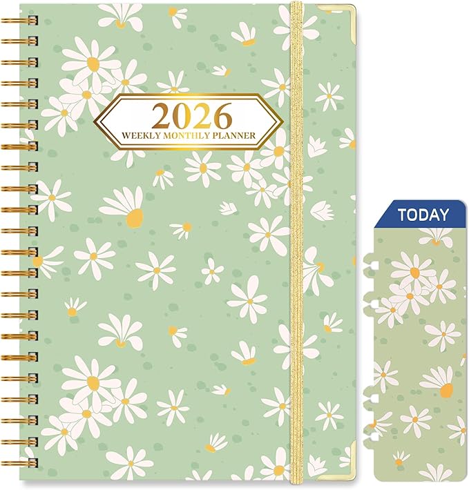 2026 Monthly Planner, Jan.2026 - Dec.2026 Weekly Monthly Planner 6.25"x8.5" with Page Tabs, Calendar Hardcover with Inner Pocket, Elastic Band, Twin-Wire Binding, Bookmark, Green Daisy