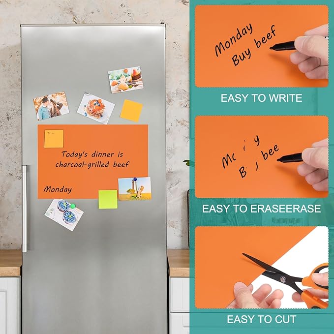 PATIKIL Magnetic Dry Erase Board Sheet for Fridge, 3 Pcs 12 x 8 Inch Erasable Refrigerator Whiteboard for Kitchen for Home Kitchen Organizer Planner Office Storage, Orange (0.6mm)