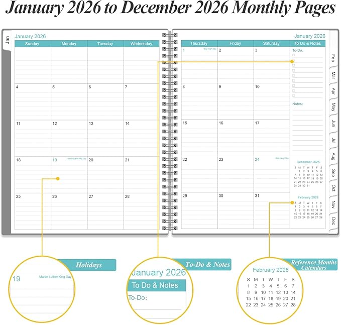 2026 Planner - 8.5" x 11" Weekly Monthly Planner from January 2026 to December 2026, Planner 2026 with 12 Monthly Tabs, Inner Pocket, Elastic Closure, Grey