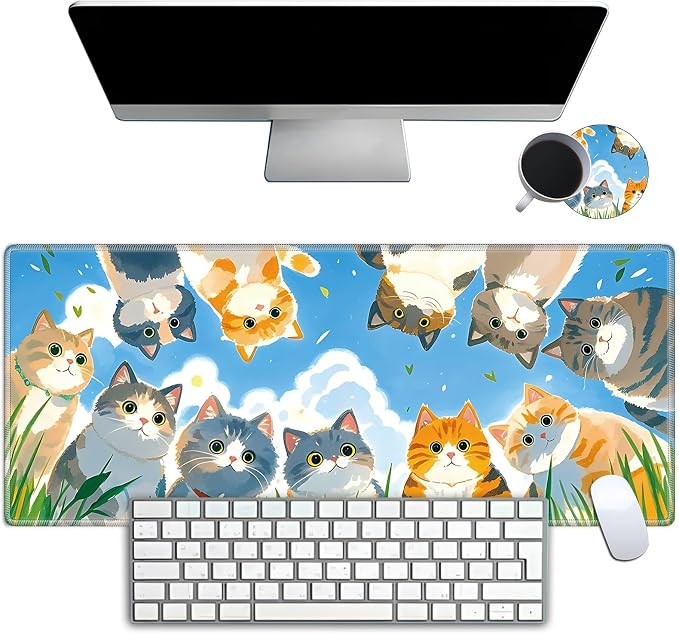 Mouse Pad Gaming Mousepad 31.5x11.8 Inch XXL Large + Coasters,Desk Mat with Stitched Edges, Non-Slip Rubber Base, Thick Mouse Pad for Computer, Laptop, Office & Home - Cute Cat Family