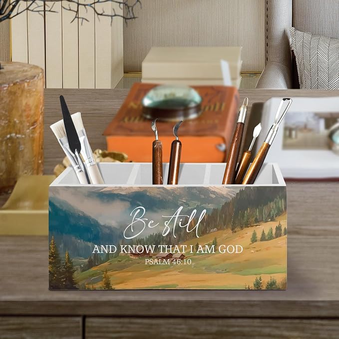 Christian Pen Pencil Holder Organizer for Desk Accessories, Be Still Psalm 46:10 Bible Verse Scripture Wooden Box Sign Desk Decor for Home Bedroom Office Decoration, Christian Gifts for Women