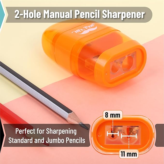 Mr. Pen- Pencil Sharpener & Eraser, 4 Pack, 2-in-1 Manual Sharpeners with Canister, 2 Sharpening Holes for Standard & Jumbo Pencils, Colorful Dual Hole Design for School, Office, Home, Kids