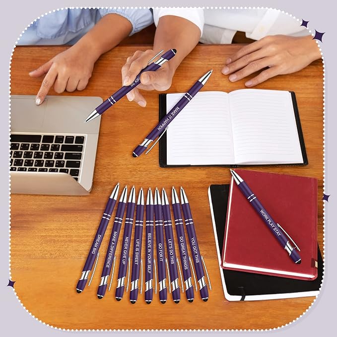 Zonon 12 Pcs Inspirational Pens Gift Set Funny Ballpoint Pen with Stylus Tip Motivational Graduation Gifts Bulk for Teacher Coworkers Nurse School Office Supplies(Dark Purple,Motivational Style)