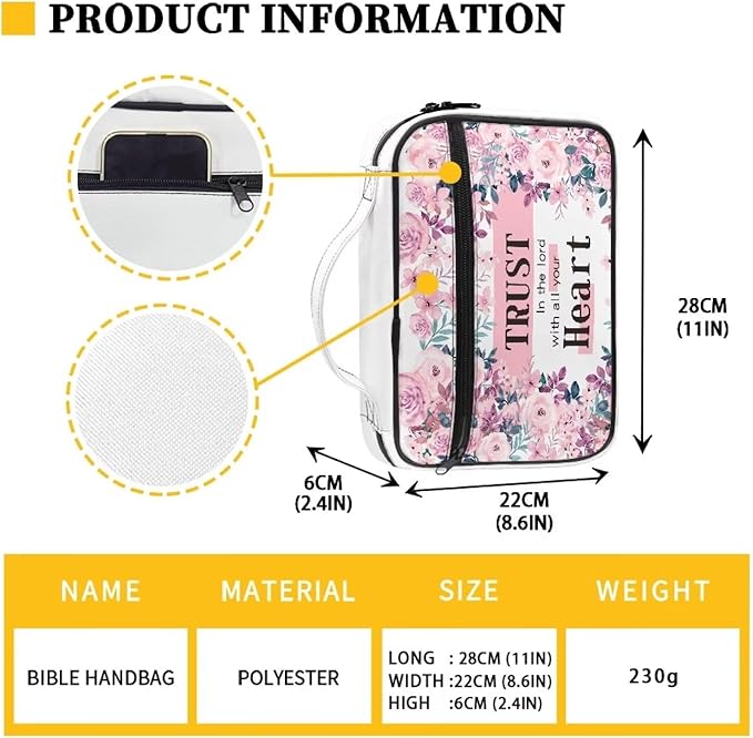 Trust in The Lord with All Your Heart Bible Covers for Women Girls Pink Vintage Flower Floral Pattern Bible Bag Church Scripture Case with Handle and Zippered Pocket Christian Gifts