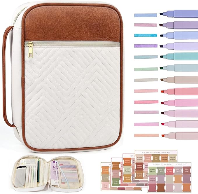 Bible Cover Case for Women, Quilted Large Handle Vegan Leather Bible Bags with Bible Study Supplies Accessories Church,Classroom,Campus,Neighborhood Association (Vintage White & Brown,M/L)