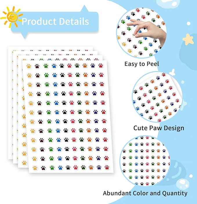 Paw Print Stickers, 6000 PCS Small Dog Paw Stickers, 10 Colors Dog Puppy Paw Print Labels, Mini Incentive Reward Sticker for Kids, Cartoon Behavior Chart Sticker for Students Teachers Classroom Supply