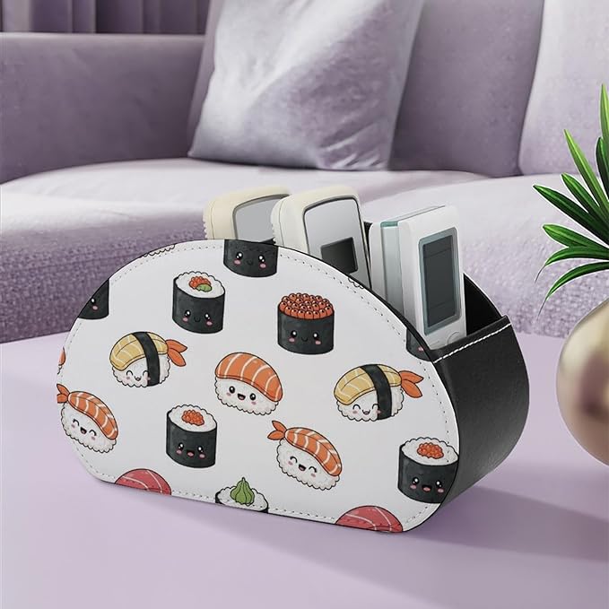 Remote Control Organizer Box with 5 Compartments, PU Leather Desktop Caddy for Media Controllers, Office, and Living Room, Kawaii Food Theme Japanese Sushi