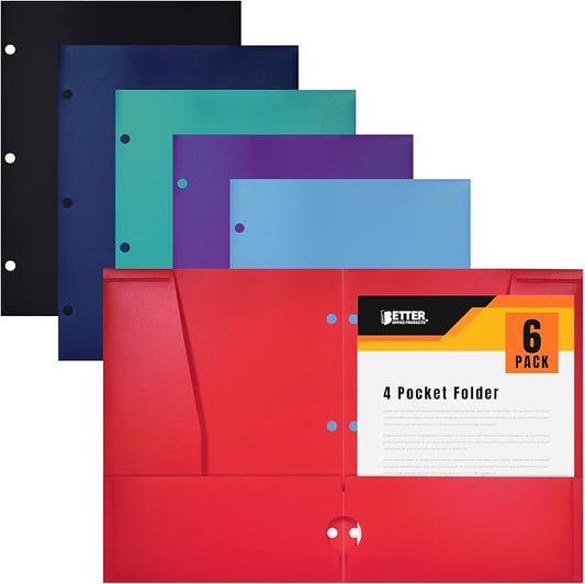 Better Office Products 4 Pocket Plastic Folders (6 Pack), 3 Hole Punch, Extra Sturdy Plastic Folders, Assorted Primary Colors, Letter Size