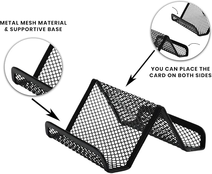 Mesh Business Card Holder for Desk | Double Sided Black Business Card Holders for Desk | Metal Business Card Holder for Offices, Meeting Room, Reception | Office Accessories for Men & Women