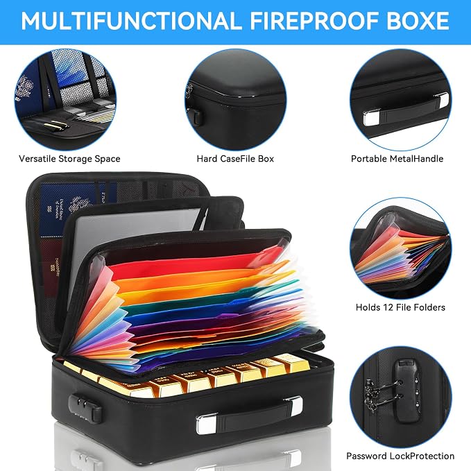 Document Organizer with Lock, Hard-Shell Fireproof and Moisture-Resistant 13-Layer Document Safe, Upgraded Insulation File Folder Organizer, Portable Home Important Document Storage, Black