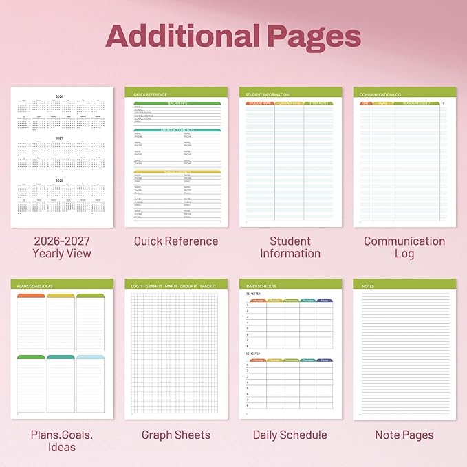SUNEE Teacher Planner 2026-2027 Academic Year, 7 Periods Lesson Plan Book Jul 2026 - Jun 2027, 8.5"x11"Daily Weekly Monthly Organizers Horizontal Layout with Calendars, Bookmark, Tabs, Rainbow Stripes
