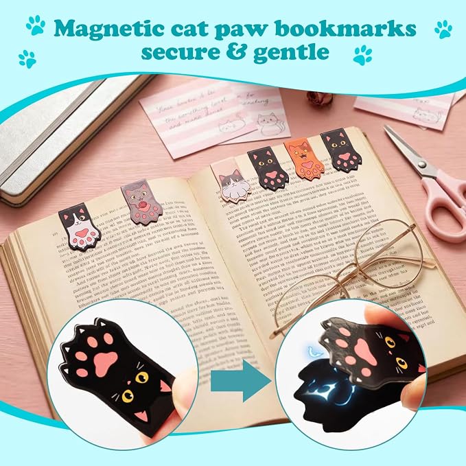 10PCS Kawaii Cat Paw Magnetic Bookmarks with, Adorable Cat Face Page Holders, Funny Reading Accessories for Teachers Book Lovers Office Gifts，Unique Gifts for Women(Mixed Colors)