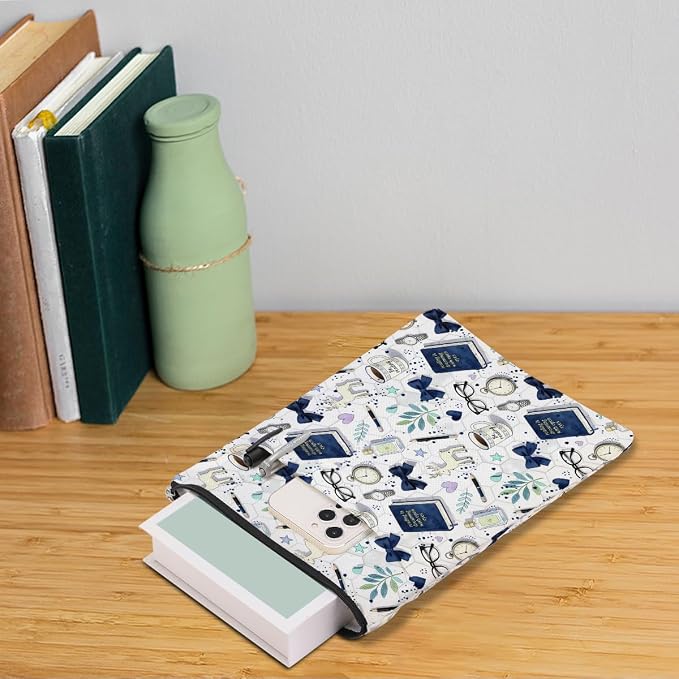 Cute Stationery Pattern Book Sleeve, Book Lovers Gifts Sleeve with Zipper & Front Pocket, 11.4x8.8 Inch Canvas Books Cover Protector Bookish Gifts for Readers Librarian Women Teacher