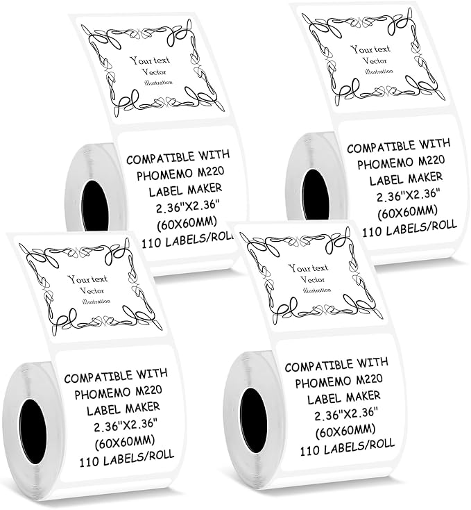 Thermal Labels Compatible with NIIMBOT B3S/K3 Label Printer,Compatible with Phomemo M221/M220/M120/M200/M250 Label Printer,2.36"x2.36"(60x60mm), 110 Labels/Roll, 4 Rolls Black on White
