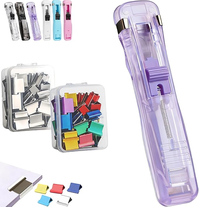 Portable Binder Clip Stapler - Includes 100 Reusable Clips, No Staples, No Holes,Push Clip Paper Clam Dispenser, Reusable Desktop Stapler for Document Home School (1-C)
