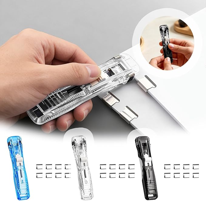 Portable Binder Clip Stapler, Includes 150 Reusable Clips, Push Clip Staplers, Mini Push Stapler Clamp Staplers for Desktop Document Home School Desk Office (C#)